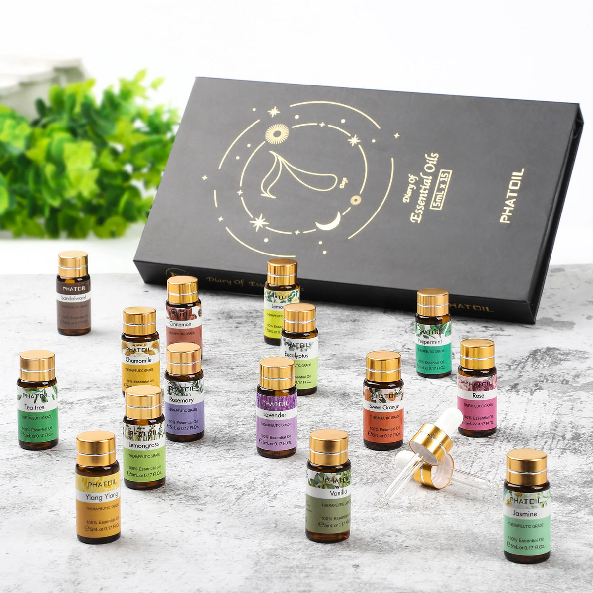 PHATOIL 15pcs Essential Oils Set Natural Plant Aroma Essential Oils Diffuser Eucalyptus Vanilla Mint Lavender Rose Tea Tree Oil