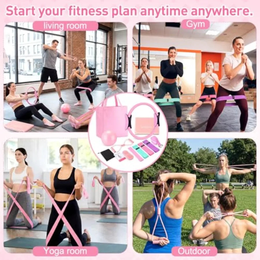 11 Pcs Pink Yoga Accessories Set for Women, Home Pilates Essential Kit for Workout Gym Lover Gifts with Yoga Mat Magic Circle T