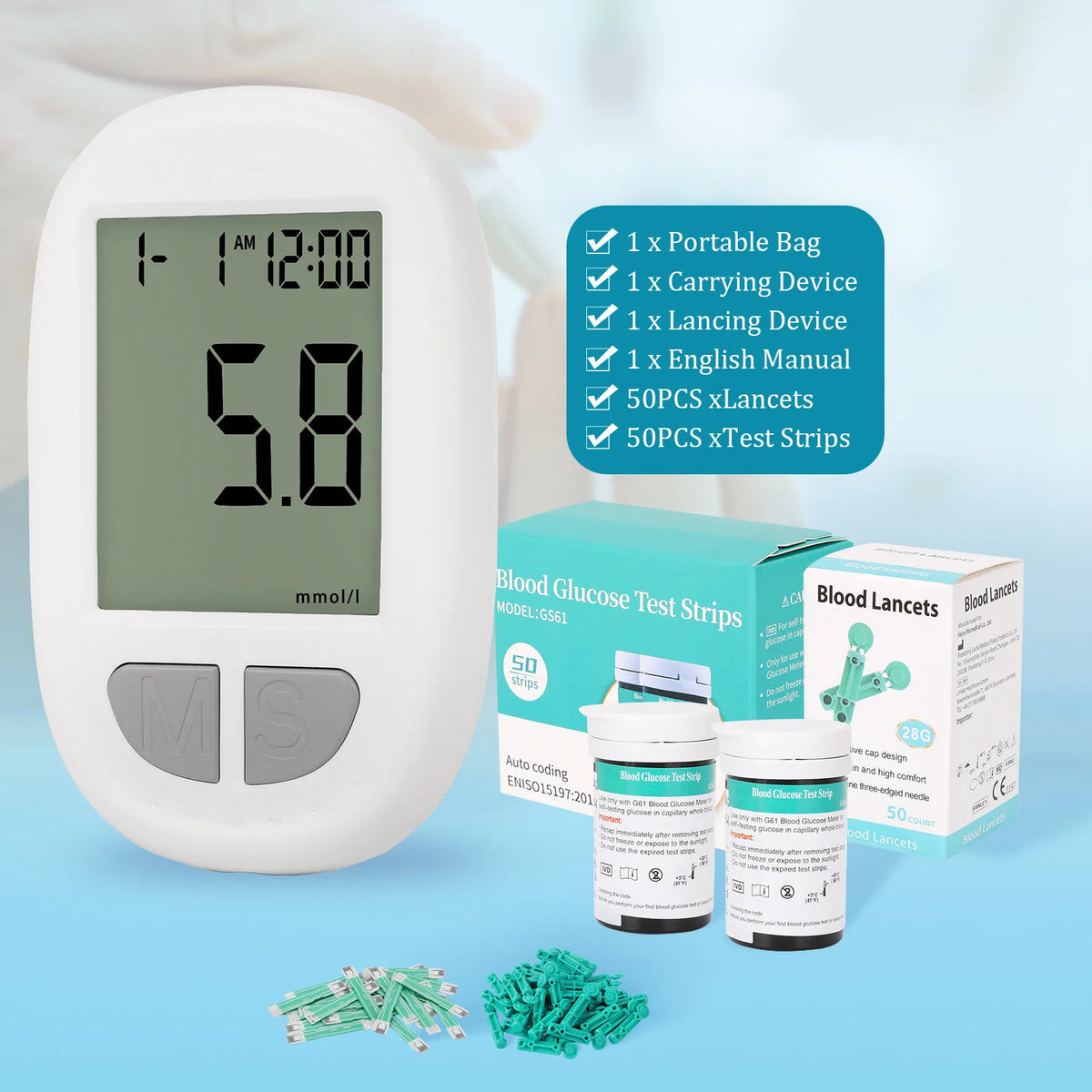Blood Glucose Monitor Diabetes Tester Kit Medical Blood Sugar Meter Glucometer with 50 Test Strips 50 Lancets Lancing Device Portable Household Health Care Monitor for Elderly Pregnant Auto-Coding 10s Fast Result mmol/L High
