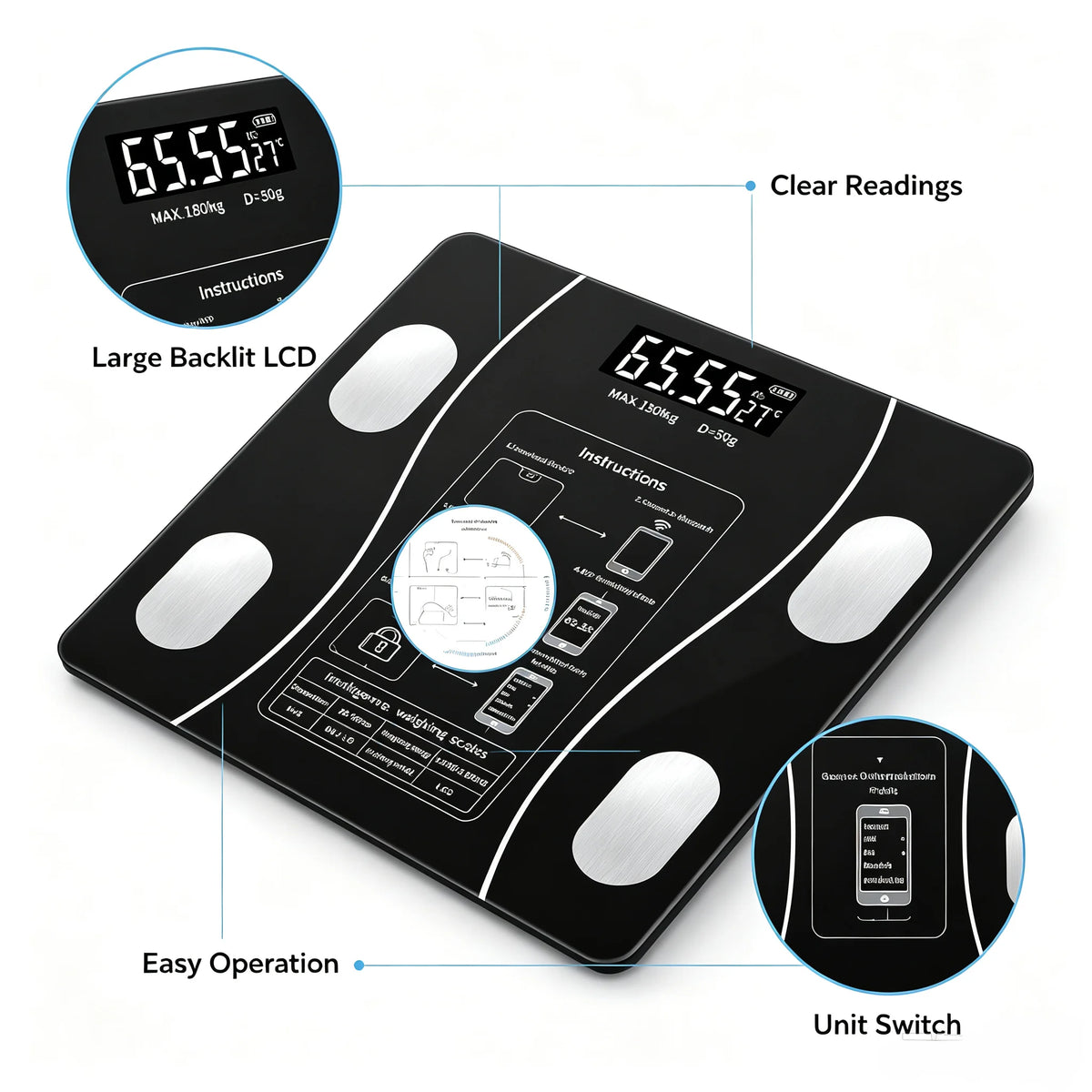 Digital Body Fat Scale, High Precision Body Composition Analyzer, Tempered Glass Bathroom Weight Scale with LCD Display for BMI, Body Fat, Weight Monitoring