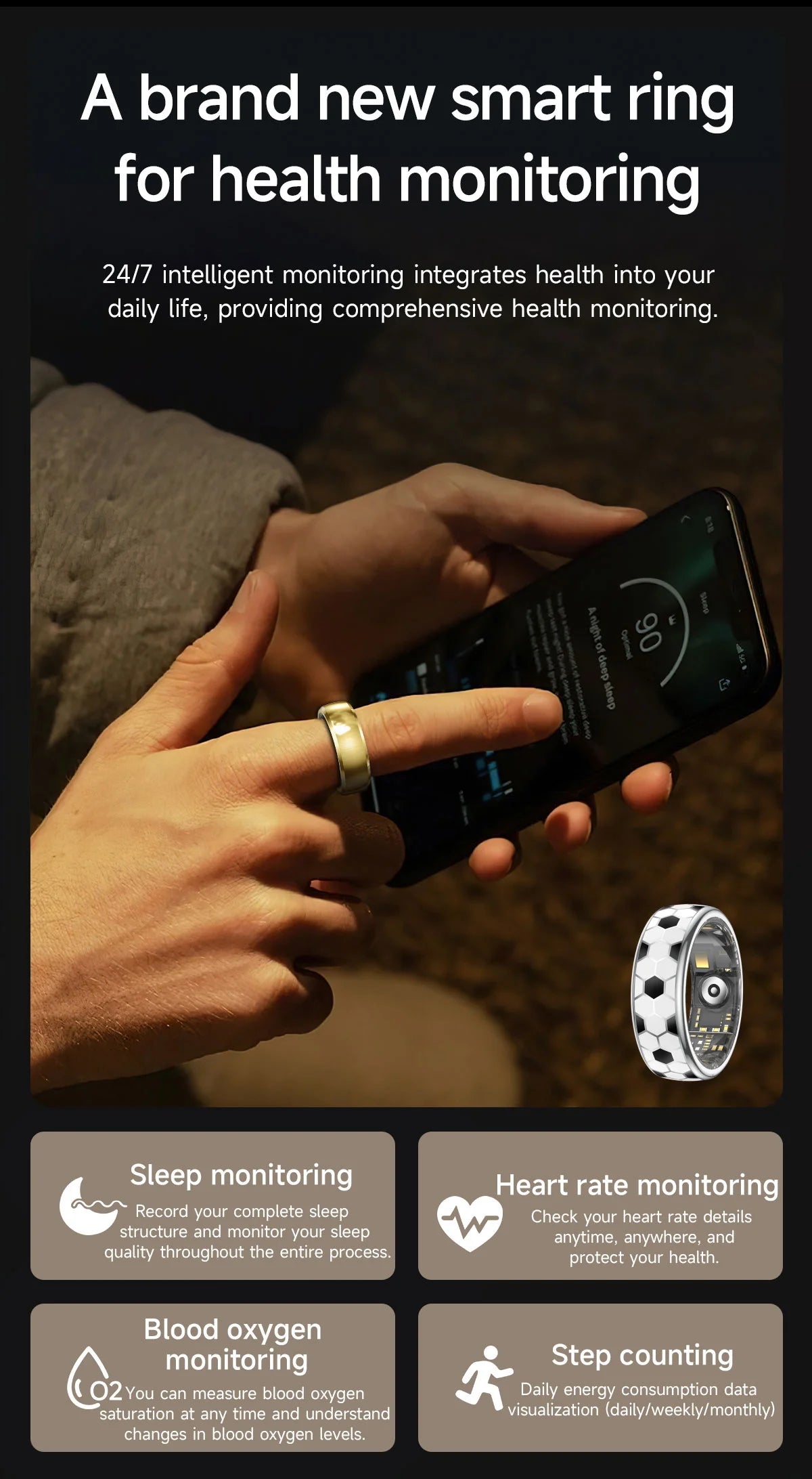 （Local USA）Football Smartring  Incoming Call Vibration Alerts Smart Ring Gesture Control Messages Alarms Vibration Health Monitoring Smartring Women Men