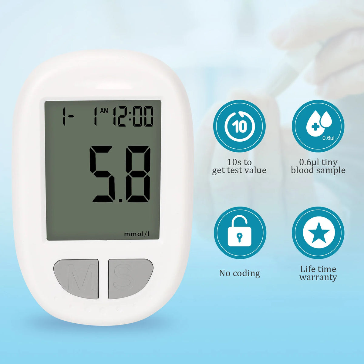 Blood Glucose Monitor Diabetes Tester Kit Medical Blood Sugar Meter Glucometer with 50 Test Strips 50 Lancets Lancing Device Portable Household Health Care Monitor for Elderly Pregnant Auto-Coding 10s Fast Result mmol/L High