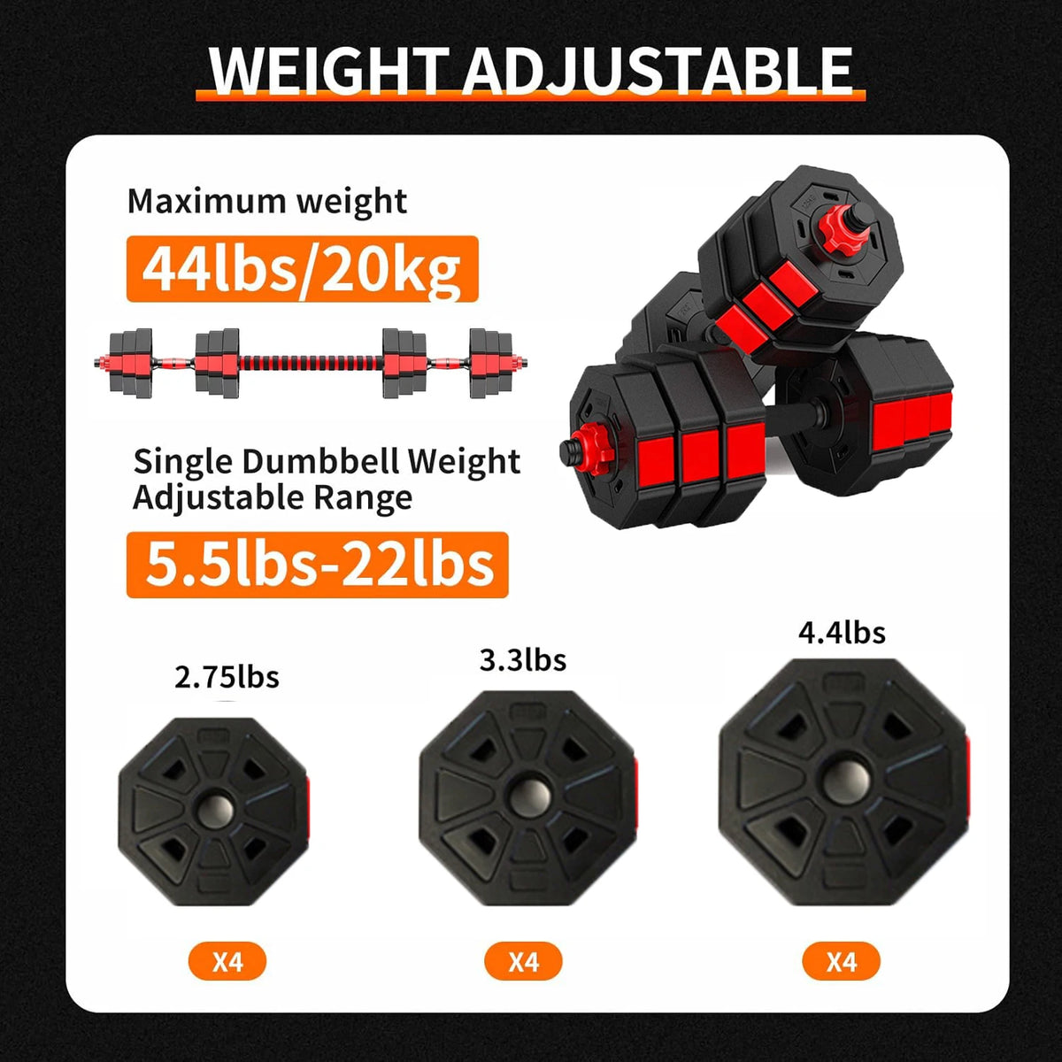Adjustable Dumbbell to Barbell Fitness Set – 44lbs Anti-Slip Grip, 3-in-1 Home Gym Strength Training Barbell Weight Set