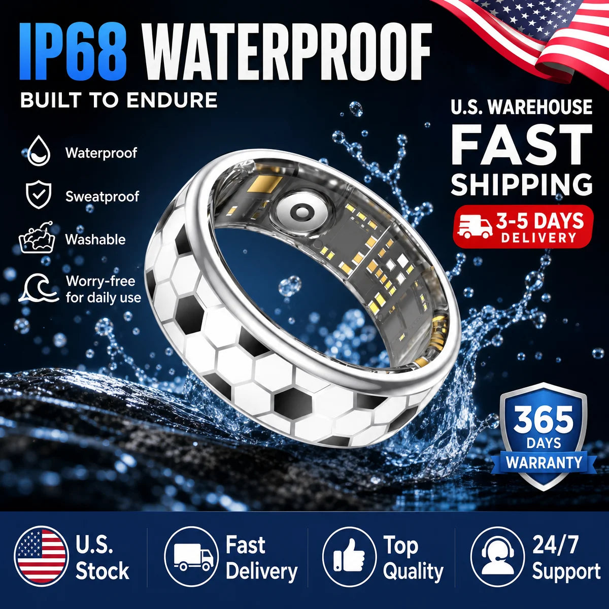 （Local USA）Football Smartring  Incoming Call Vibration Alerts Smart Ring Gesture Control Messages Alarms Vibration Health Monitoring Smartring Women Men