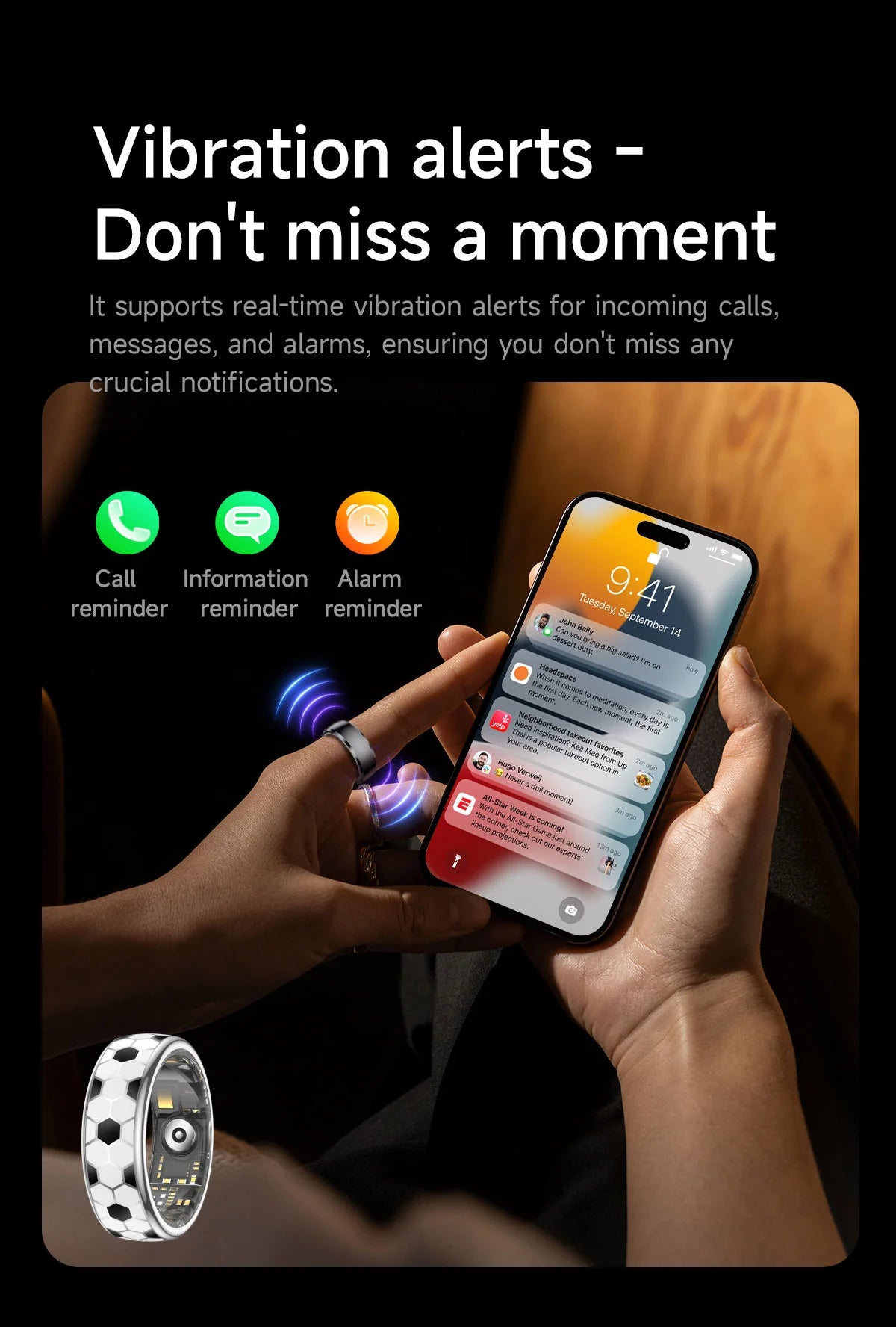 （Local USA）Football Smartring  Incoming Call Vibration Alerts Smart Ring Gesture Control Messages Alarms Vibration Health Monitoring Smartring Women Men