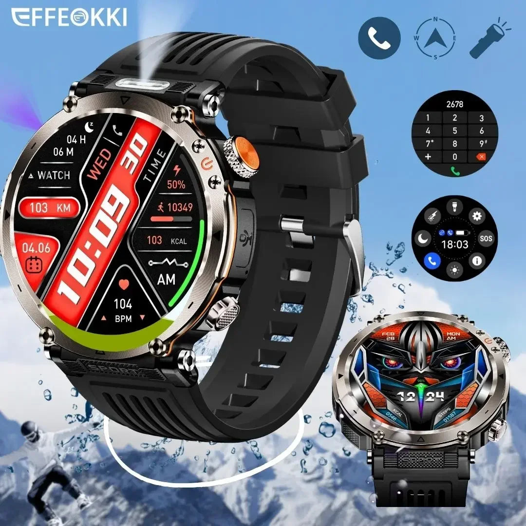 EFFEOKKI Sport Rugged Smart Watch with Compass Outdoor Wireless Calling IP68 Waterproof Flashlight 1.7" Screen Altitude Monitor