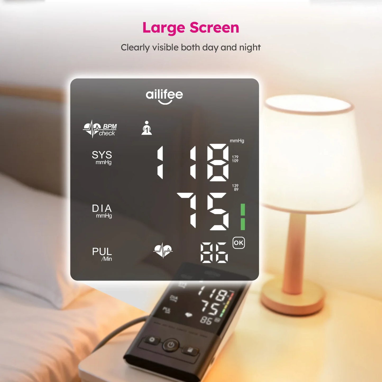 AILIFEE Upper Arm Blood Pressure Monitors for Home Use with Clear LED Backlit Display, Adjustable BP Cuff, Dual-User Mode & Voice Announcement, AES-U392
