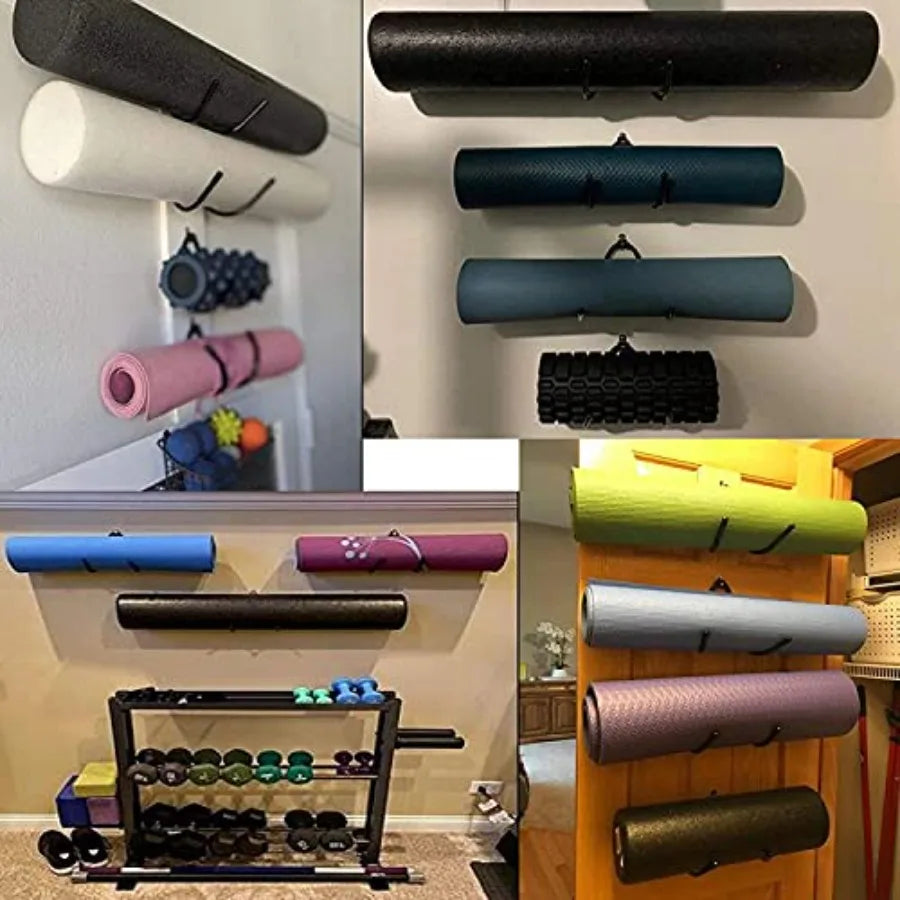 Wall Mount Yoga Mat Foam Roller and Towel Rack Hooks, Exercise Mat Storage Shelf for Hanging Yoga Strap and Resistance Bands at