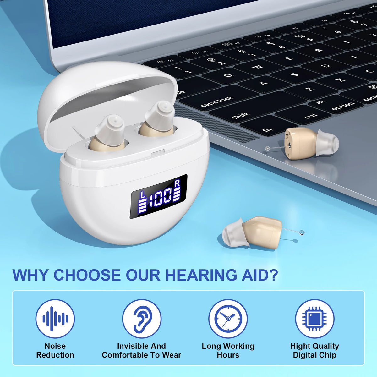 Mini In-ear Hearing Amplifiers Invisible Hearing Aids Adjustable Volume Hearing Aids With Rechargeable Display