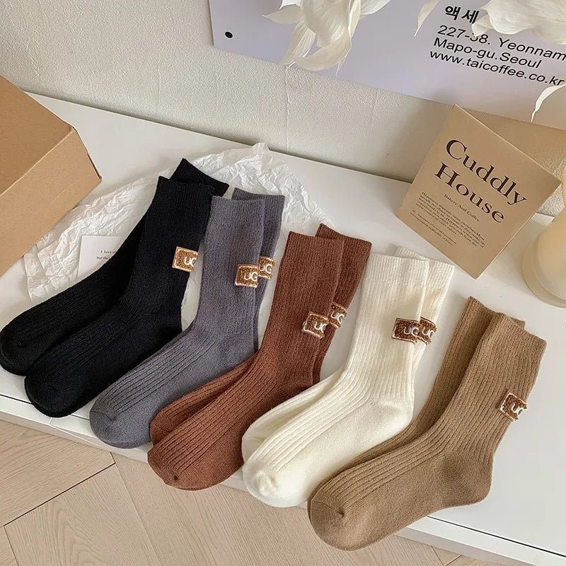 Winter Cozy Thickened Pile Socks Mid Calf Length Casual Cotton Soft Keep Warm Knitted Snow Boot Footwear Letter Print Hosiery