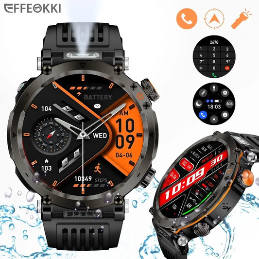 EFFEOKKI Sport Rugged Smart Watch with Compass Outdoor Wireless Calling IP68 Waterproof Flashlight 1.7" Screen Altitude Monitor