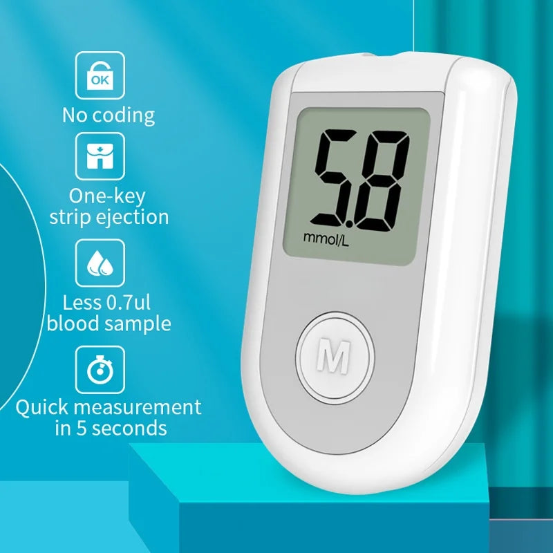 New Blood Glucose Meter Kit No Coding with 50pcs Strips Lancets 0.7ul 5s Fast Results Memory Blood Sugar Monitor for Home Use Tool