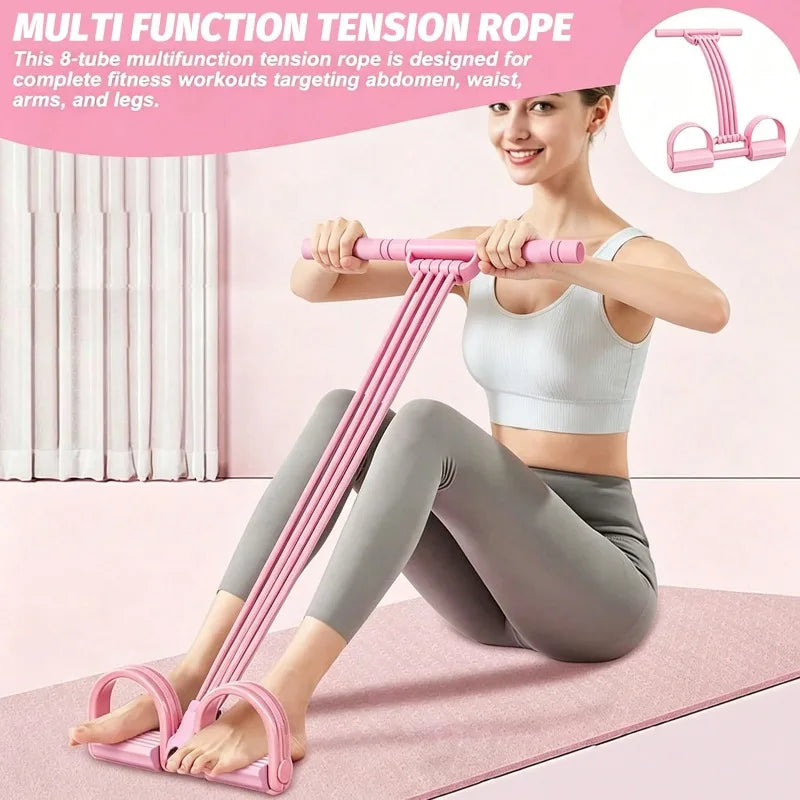 Home Workout Foot Pedal Resistance Bands with Handle, 8‑Tube Natural Rubber Tension Rope, Multifunction Training Gear for Ab Waist Arm Leg Yoga Pilates
