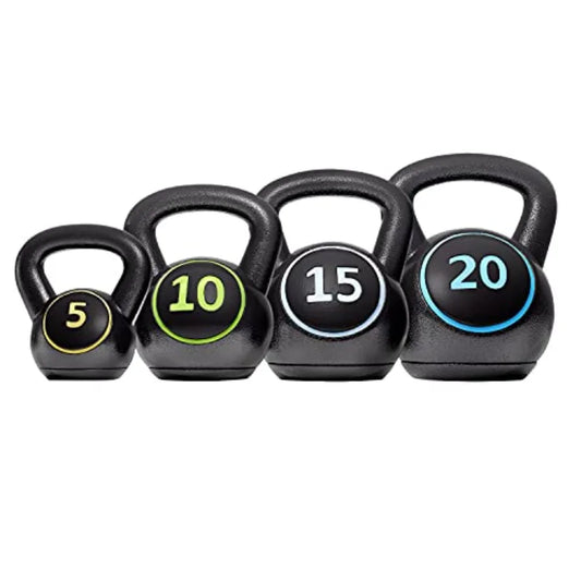 Home gym kettlebell sets: cast iron black 4-piece weight set 5lb/10lb/15lb/20lb for full-body strength training and fitness wor