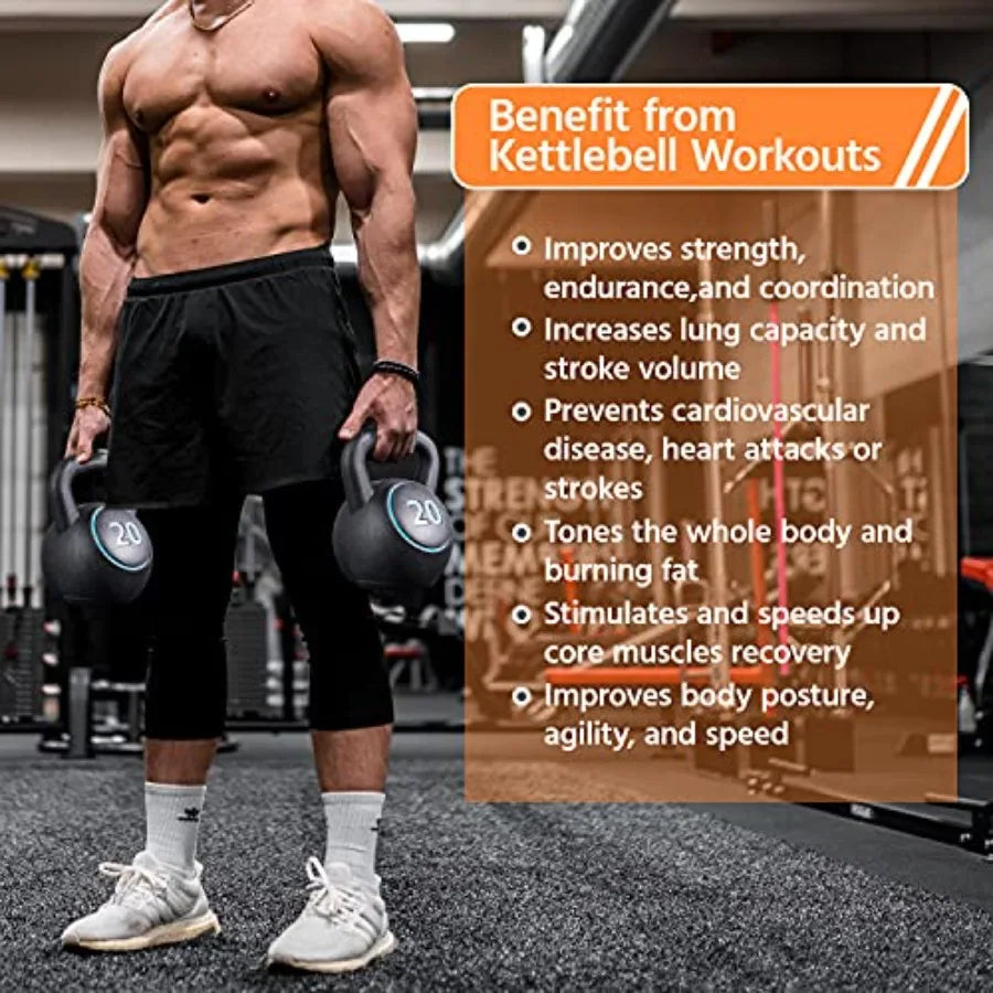 Home gym kettlebell sets: cast iron black 4-piece weight set 5lb/10lb/15lb/20lb for full-body strength training and fitness wor