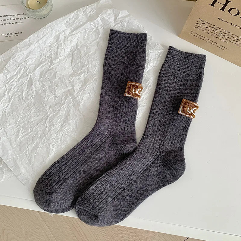 Winter Cozy Thickened Pile Socks Mid Calf Length Casual Cotton Soft Keep Warm Knitted Snow Boot Footwear Letter Print Hosiery