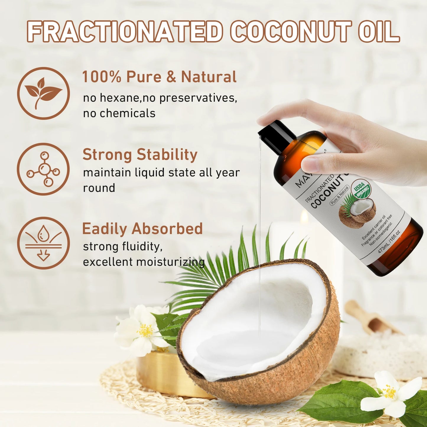 MAYJAM 473ml Pure Organic Castor Oil Cold Pressed Fractionated Coconut Oil Moisturizing for Skin & Hair Care ,Body Massage Oil Dilute Essential Oil