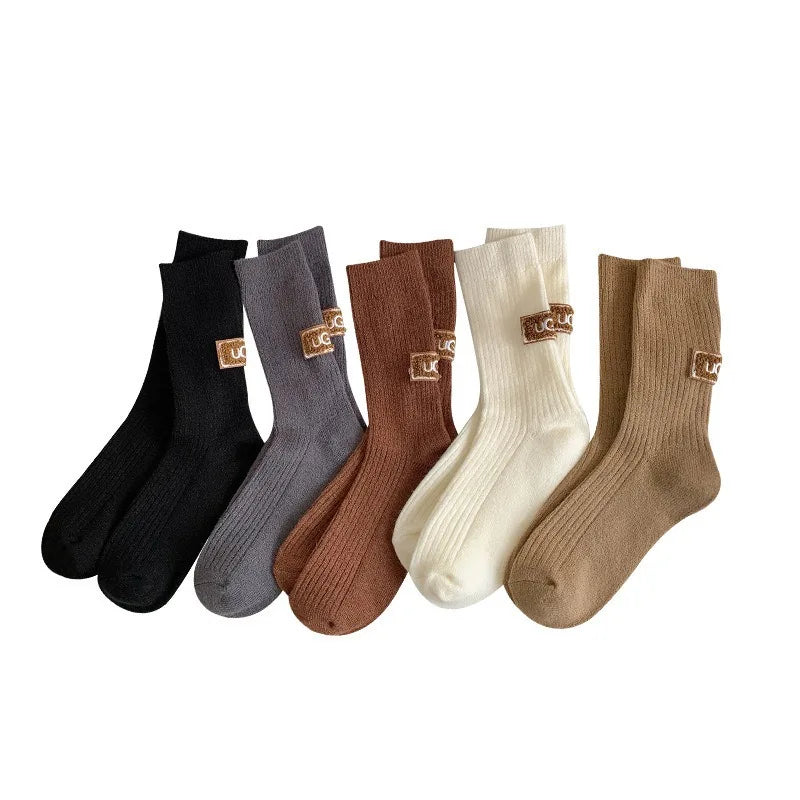 Winter Cozy Thickened Pile Socks Mid Calf Length Casual Cotton Soft Keep Warm Knitted Snow Boot Footwear Letter Print Hosiery