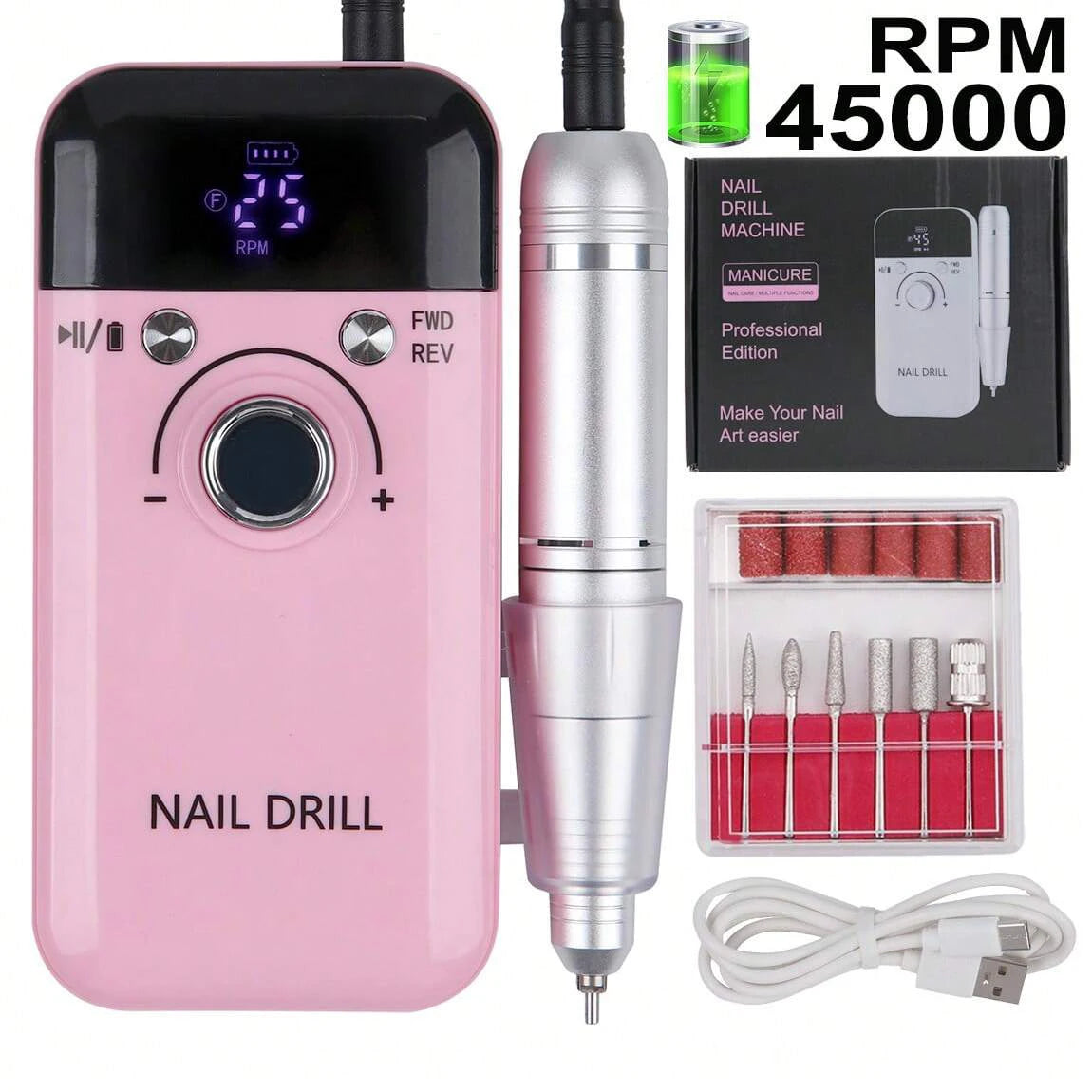45000RPM Electric Nail Drill Machine Nail File For Manicure Pedicure Salon Rechargeable Sanding Tool