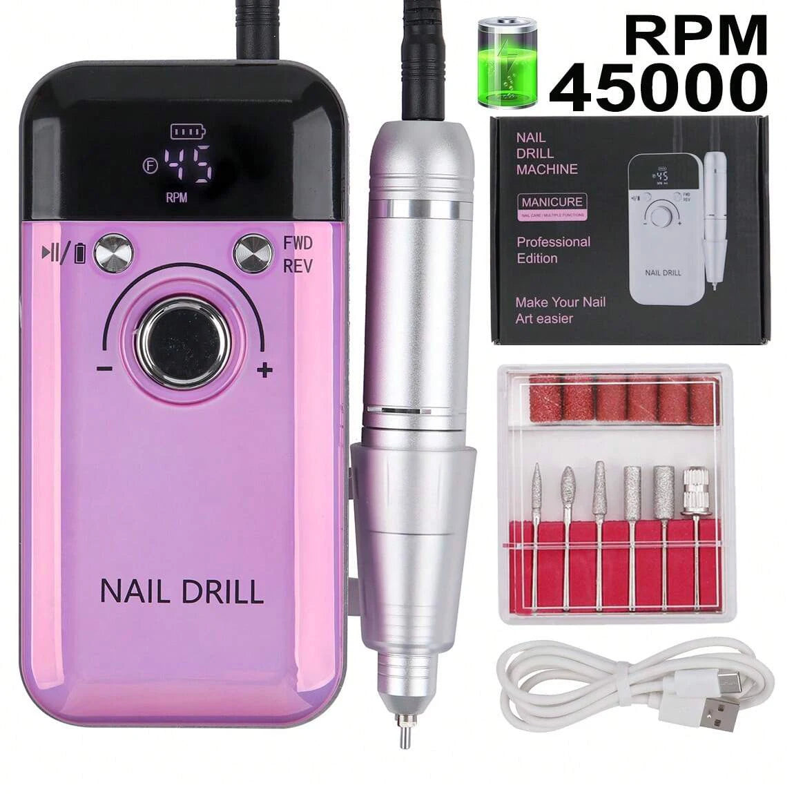 45000RPM Electric Nail Drill Machine Nail File For Manicure Pedicure Salon Rechargeable Sanding Tool