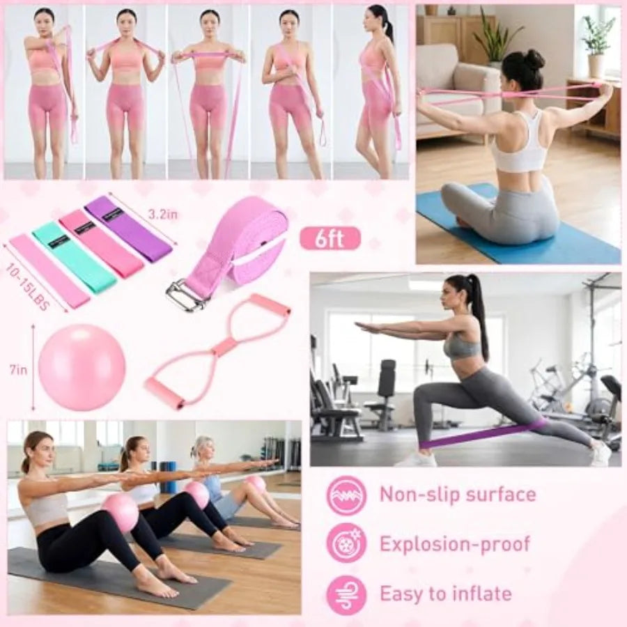 11 Pcs Pink Yoga Accessories Set for Women, Home Pilates Essential Kit for Workout Gym Lover Gifts with Yoga Mat Magic Circle T