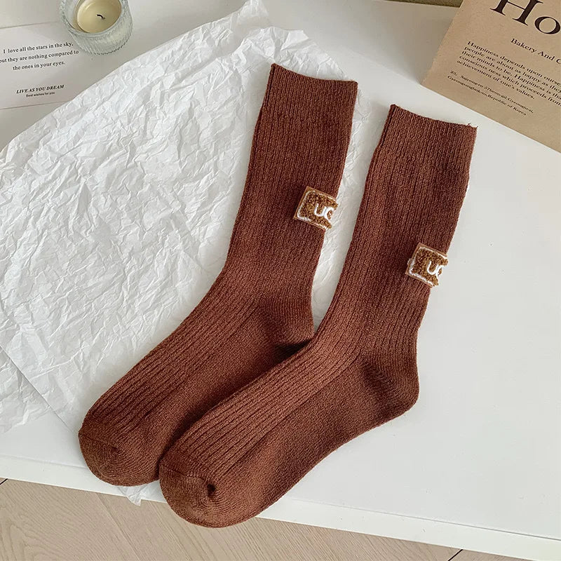 Winter Cozy Thickened Pile Socks Mid Calf Length Casual Cotton Soft Keep Warm Knitted Snow Boot Footwear Letter Print Hosiery