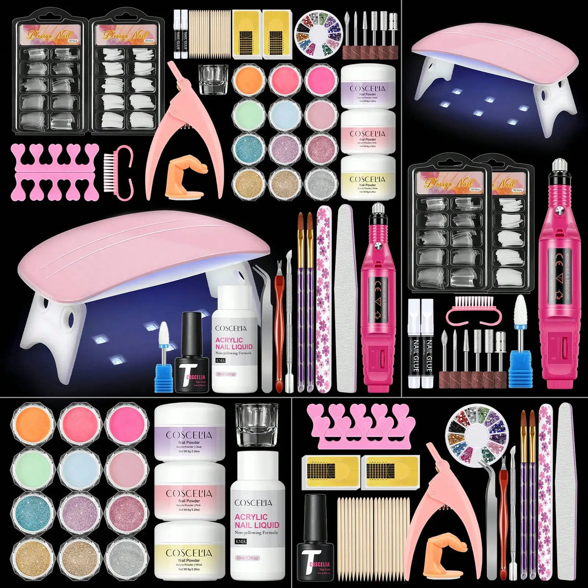 Acrylic Nail Kit Mini UV Lamp And Nail Drill 3 Acrylic Powders And 30ML Acrylic Liquid Top Coat Decoration Powder Nail Tips For Extension French Nail Summer Vacation Gift For Women