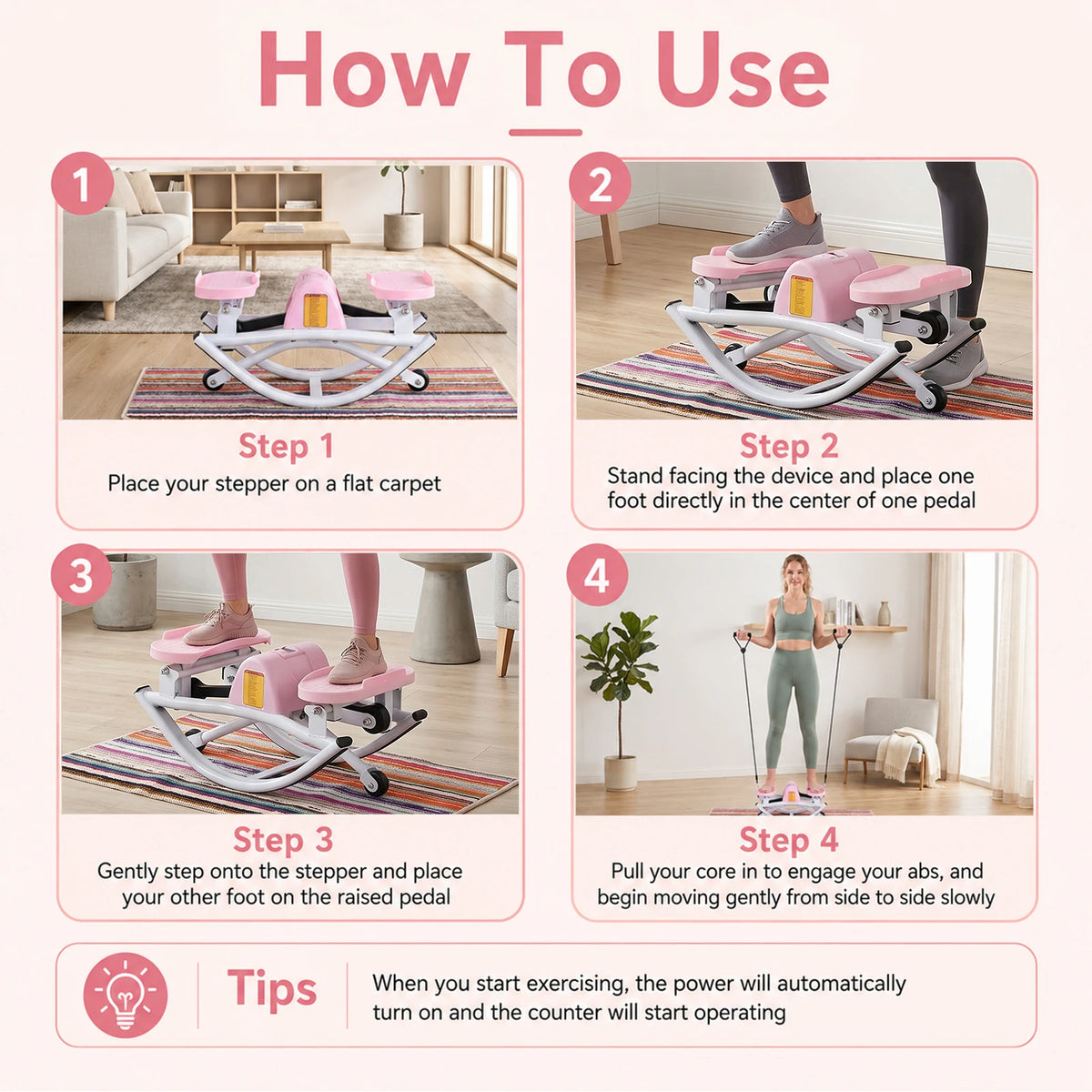 Side-to-Side Rock Stepper, U-Shaped Low-Impact Fitness Stepper with Resistance Bands for Home Gym, Joint-Friendly Cardio with Digital Display and Non-Slip Mat