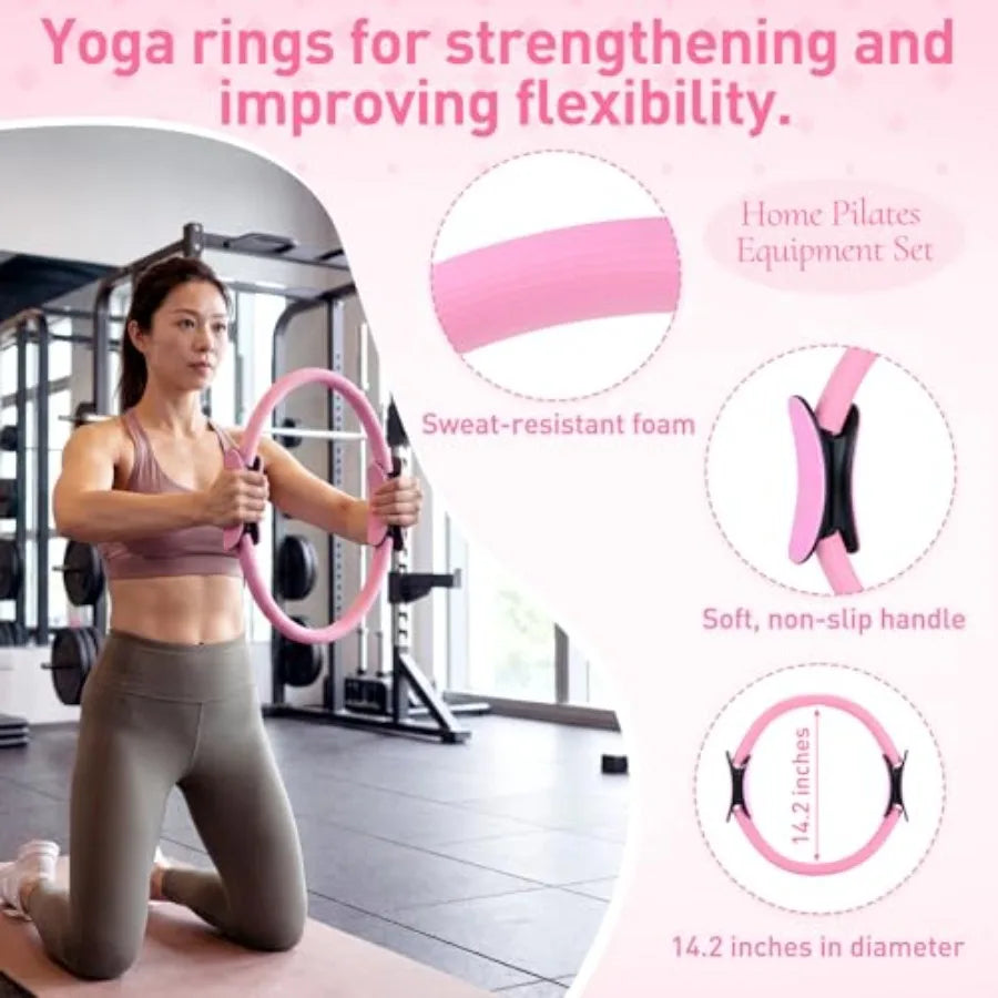 11 Pcs Pink Yoga Accessories Set for Women, Home Pilates Essential Kit for Workout Gym Lover Gifts with Yoga Mat Magic Circle T