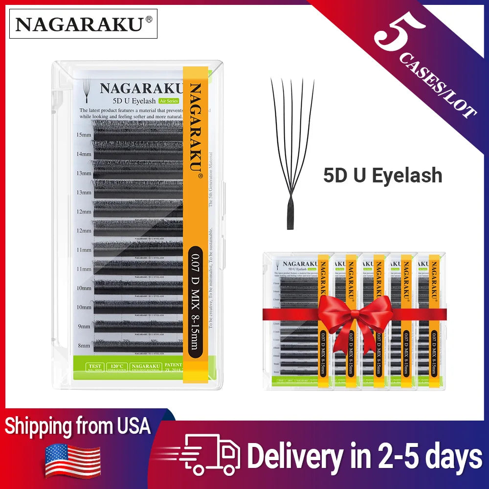 NAGARAKU 5cases 5D U Shape Lashes Soft Natural Eyelash Extensions Fast Free Delivery Ship from USA