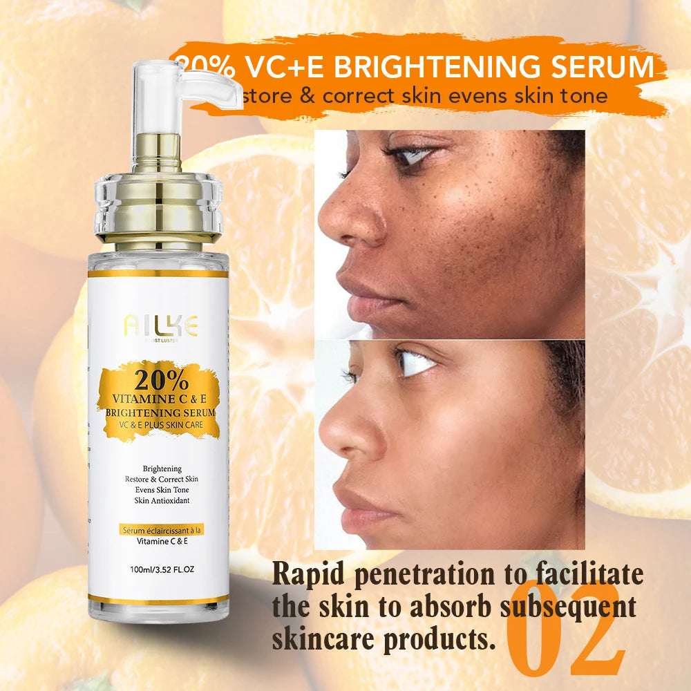 AILKE Vitamin C and E Brightening Concentrated Serum, Whitening, Moisturizing, Clean Skin, Reduce Dark Spots, 100ml/3.52 oz