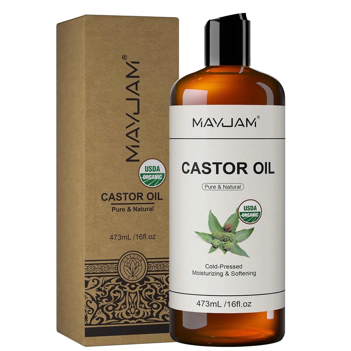 MAYJAM 473ml Pure Organic Castor Oil Cold Pressed Fractionated Coconut Oil Moisturizing for Skin & Hair Care ,Body Massage Oil Dilute Essential Oil