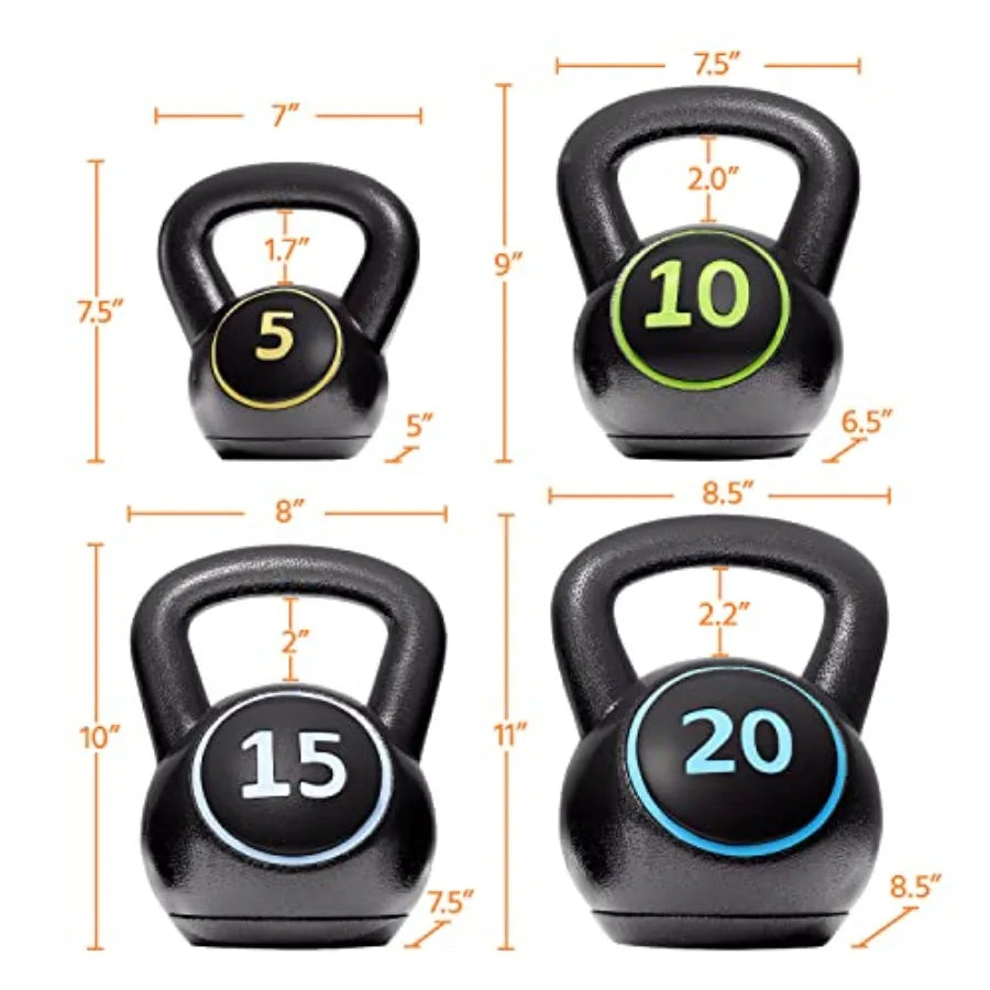 Home gym kettlebell sets: cast iron black 4-piece weight set 5lb/10lb/15lb/20lb for full-body strength training and fitness wor