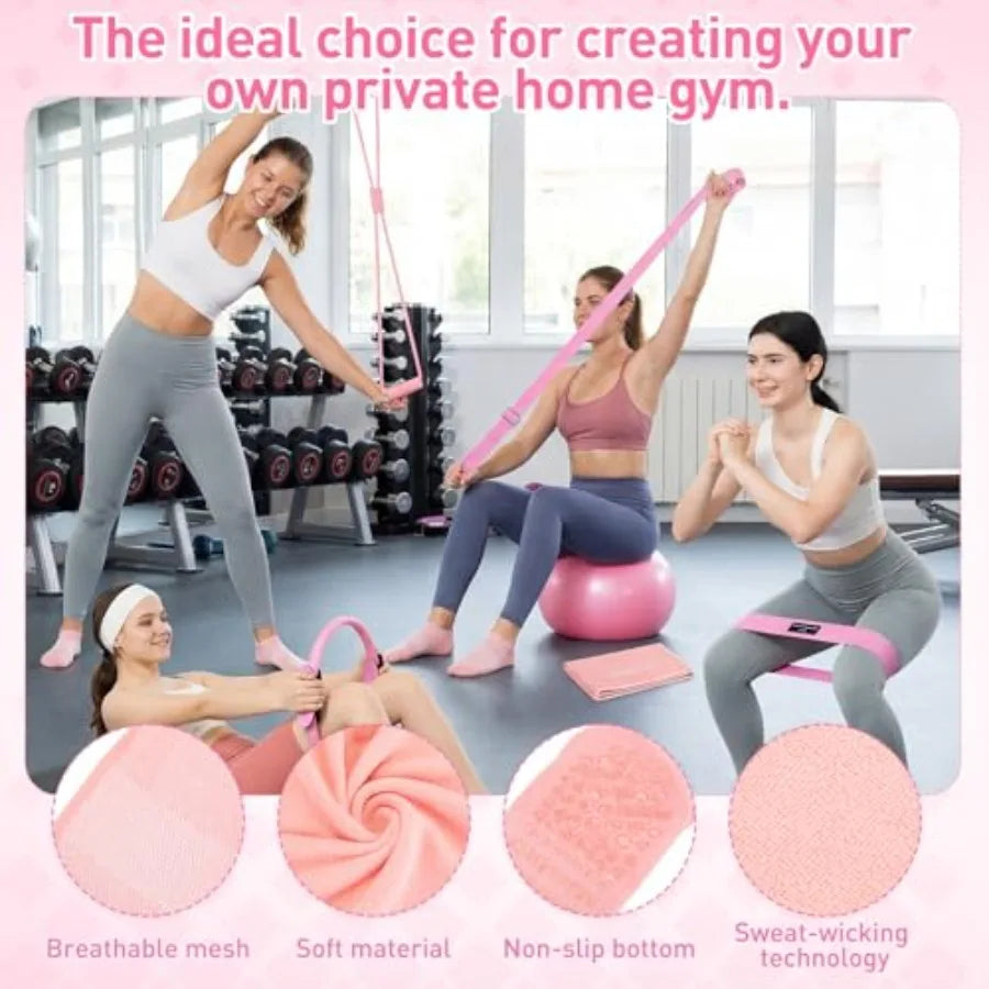 11 Pcs Pink Yoga Accessories Set for Women, Home Pilates Essential Kit for Workout Gym Lover Gifts with Yoga Mat Magic Circle T