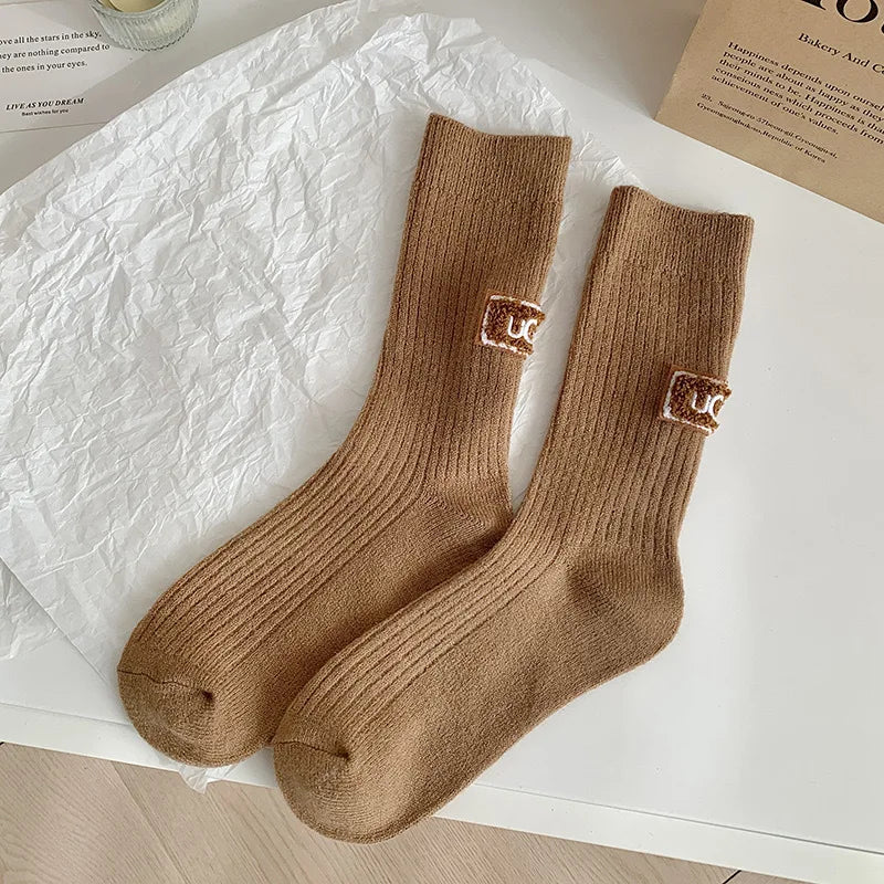 Winter Cozy Thickened Pile Socks Mid Calf Length Casual Cotton Soft Keep Warm Knitted Snow Boot Footwear Letter Print Hosiery