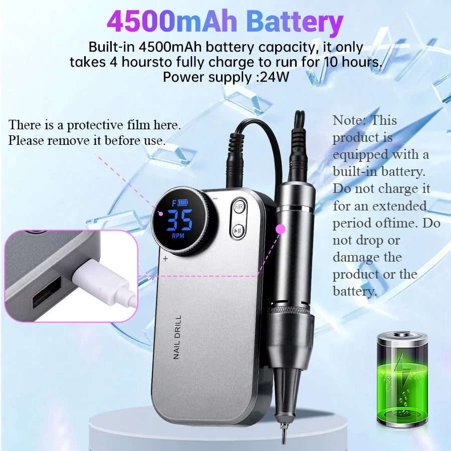 Cosprysmal Professional Nail Drill Kit, Cordless Electric Nail File With LCD Display, Rechargeable 4500mAh Battery Nail Efile For Acrylic & Gel Nails, Manicure Pedicure, Salon & Home Use For All Festival Gifts