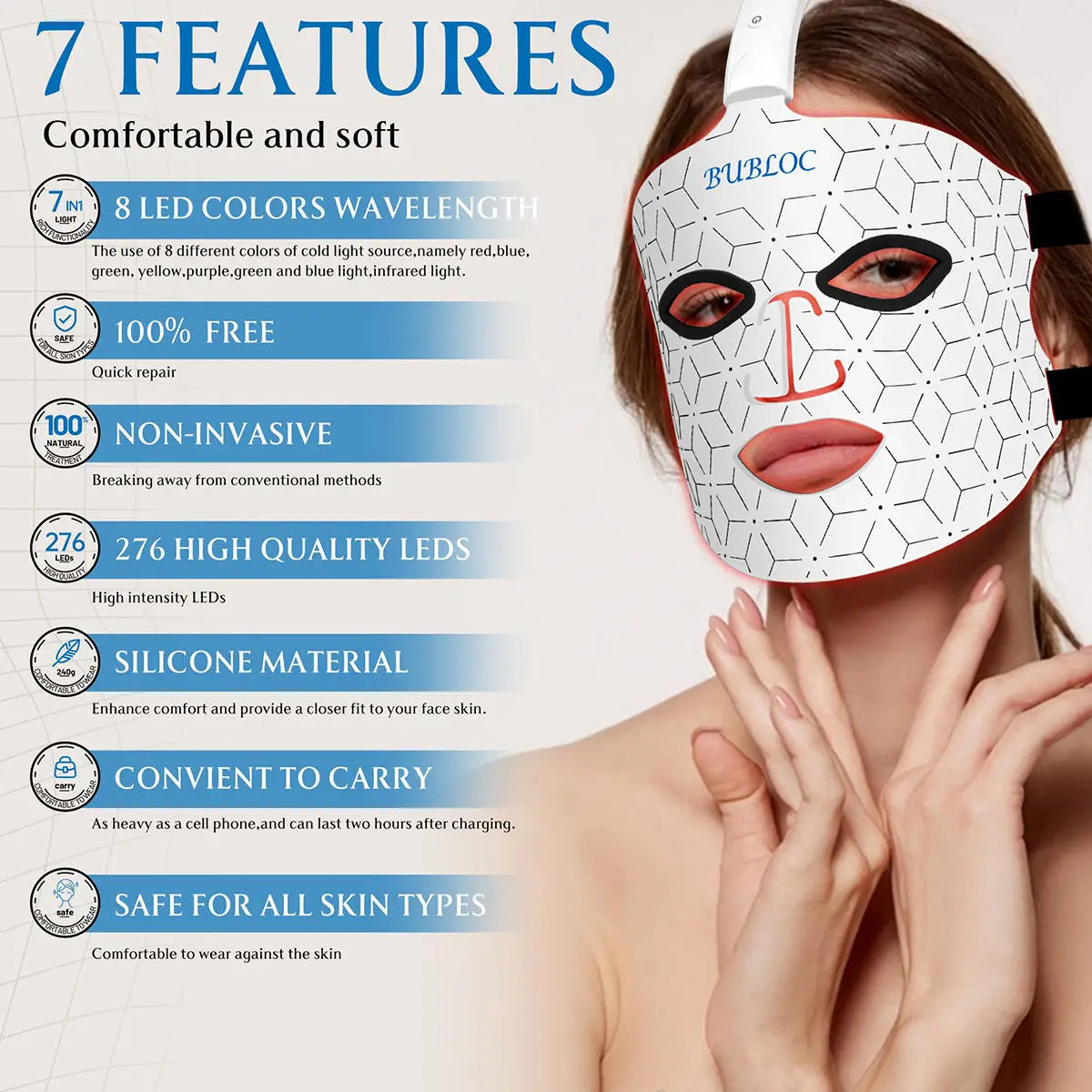 LED Face Mask 7 Colors Red Light Therapy Device for Anti Aging Acne Pore Oil Control Skin Tighten Whiten Red Light Mask
