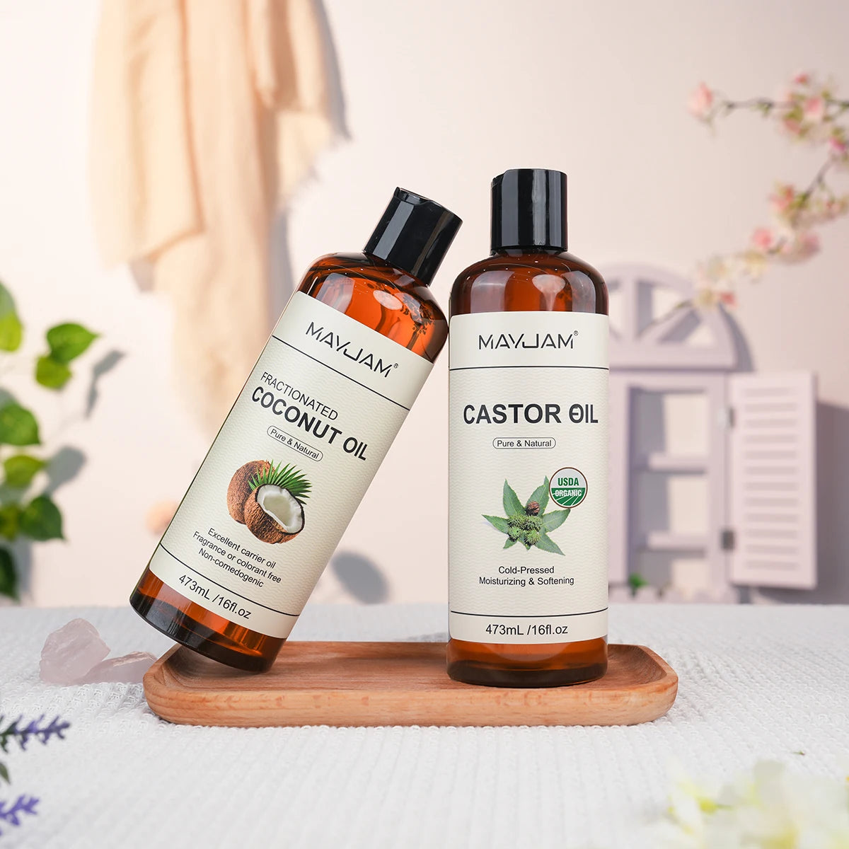 MAYJAM 473ml Pure Organic Castor Oil Cold Pressed Fractionated Coconut Oil Moisturizing for Skin & Hair Care ,Body Massage Oil Dilute Essential Oil