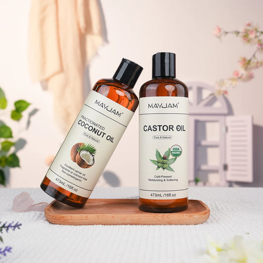 MAYJAM 473ml Pure Organic Castor Oil Cold Pressed Fractionated Coconut Oil Moisturizing for Skin & Hair Care ,Body Massage Oil Dilute Essential Oil