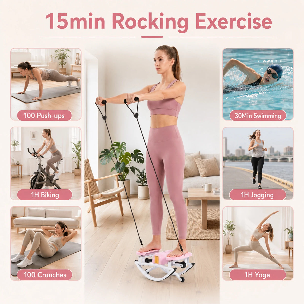 Side-to-Side Rock Stepper, U-Shaped Low-Impact Fitness Stepper with Resistance Bands for Home Gym, Joint-Friendly Cardio with Digital Display and Non-Slip Mat