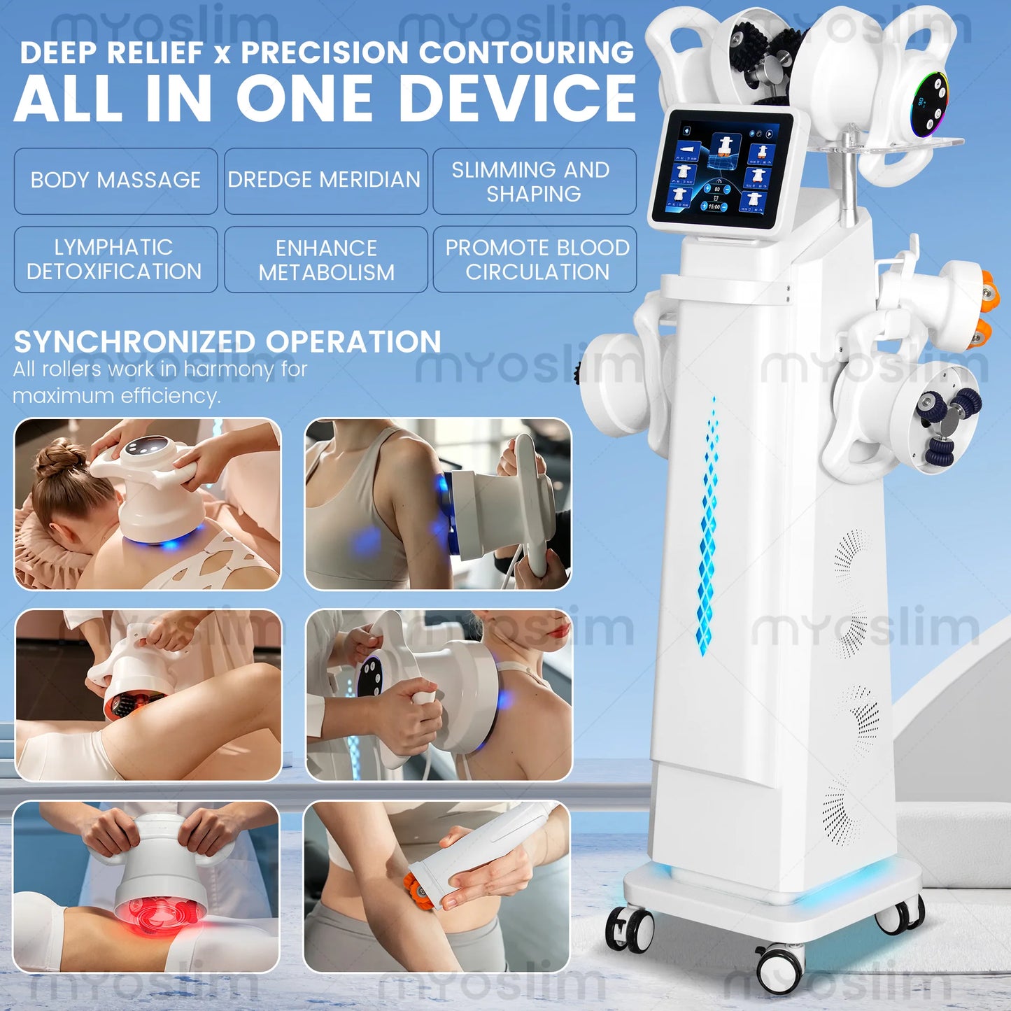 Vertical 6-Handle Synchronous Roller Machine 360° Rotation Red Blue Light Lymph Circulation Body Sculpting Device