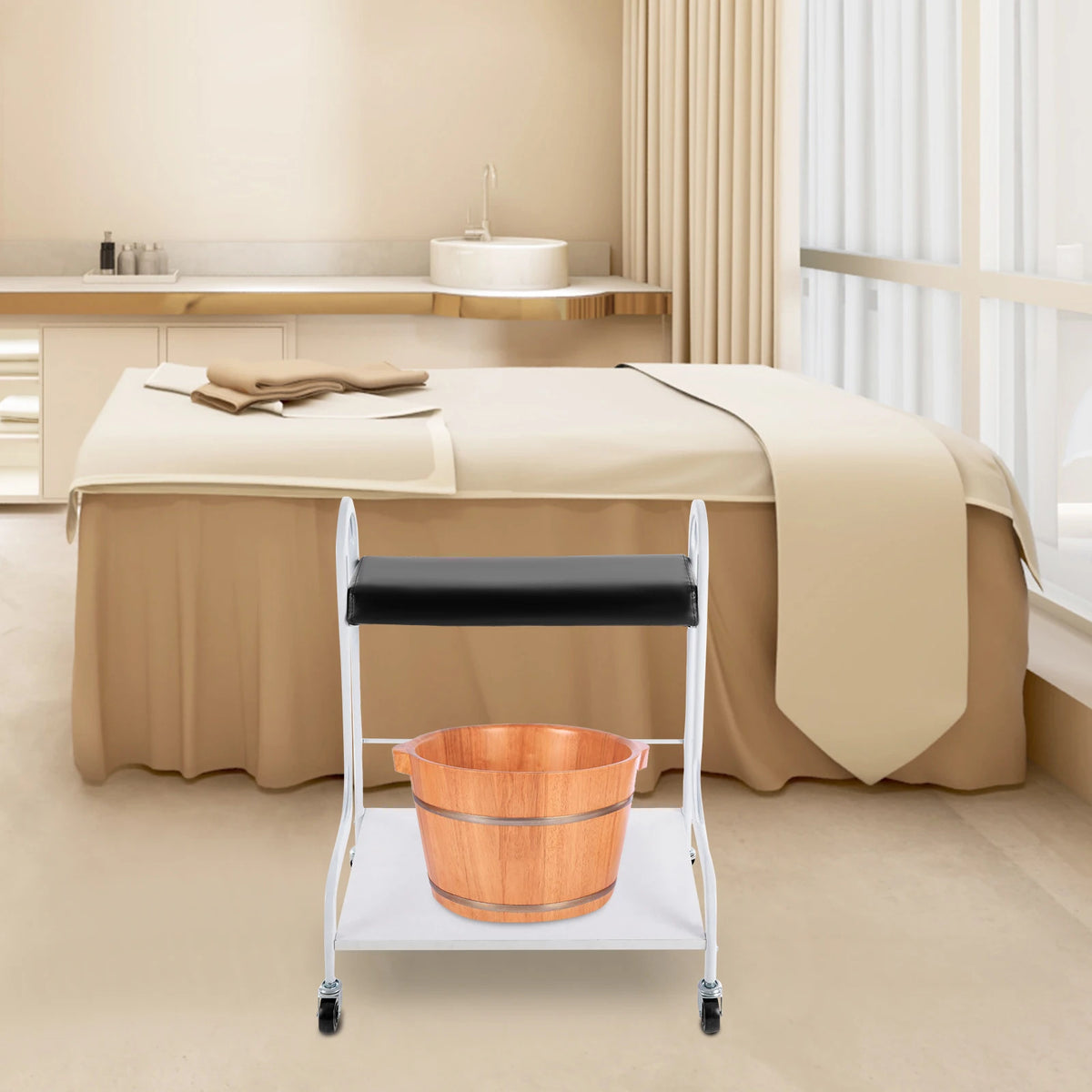2-Tier Foot Bath Spa Trolley Cart Portable Pedicure Footrest with 4 Wheels Beauty Salon Nail Stand for Pedicures Massages Toenail Care, Load 100 kg/220.46 lbs