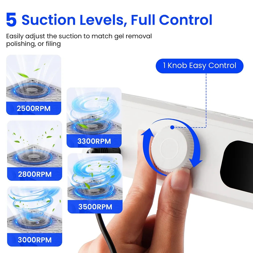 Brushless Nail Dust Collector Dual Turbo Fans Nail Vacuum Cleaner 5-Level Suction Two Hands Nail Dust Extractor Fans for Nail Salon Manicure Table
