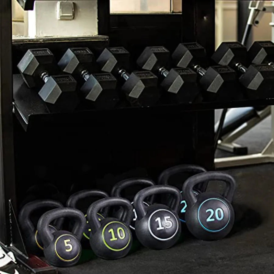 Home gym kettlebell sets: cast iron black 4-piece weight set 5lb/10lb/15lb/20lb for full-body strength training and fitness wor