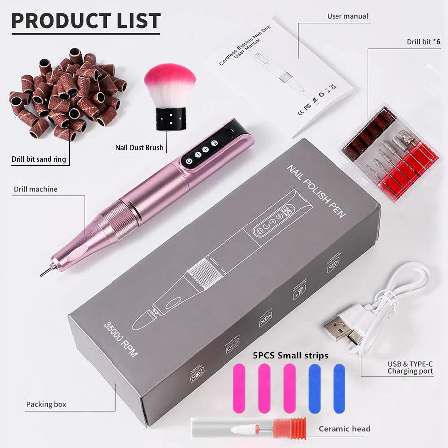 Professional Wireless Charging Electric Nail Drill Machine, Portable Nail File Grinder, Manicure Pedicure Kit for Home & Salon Use