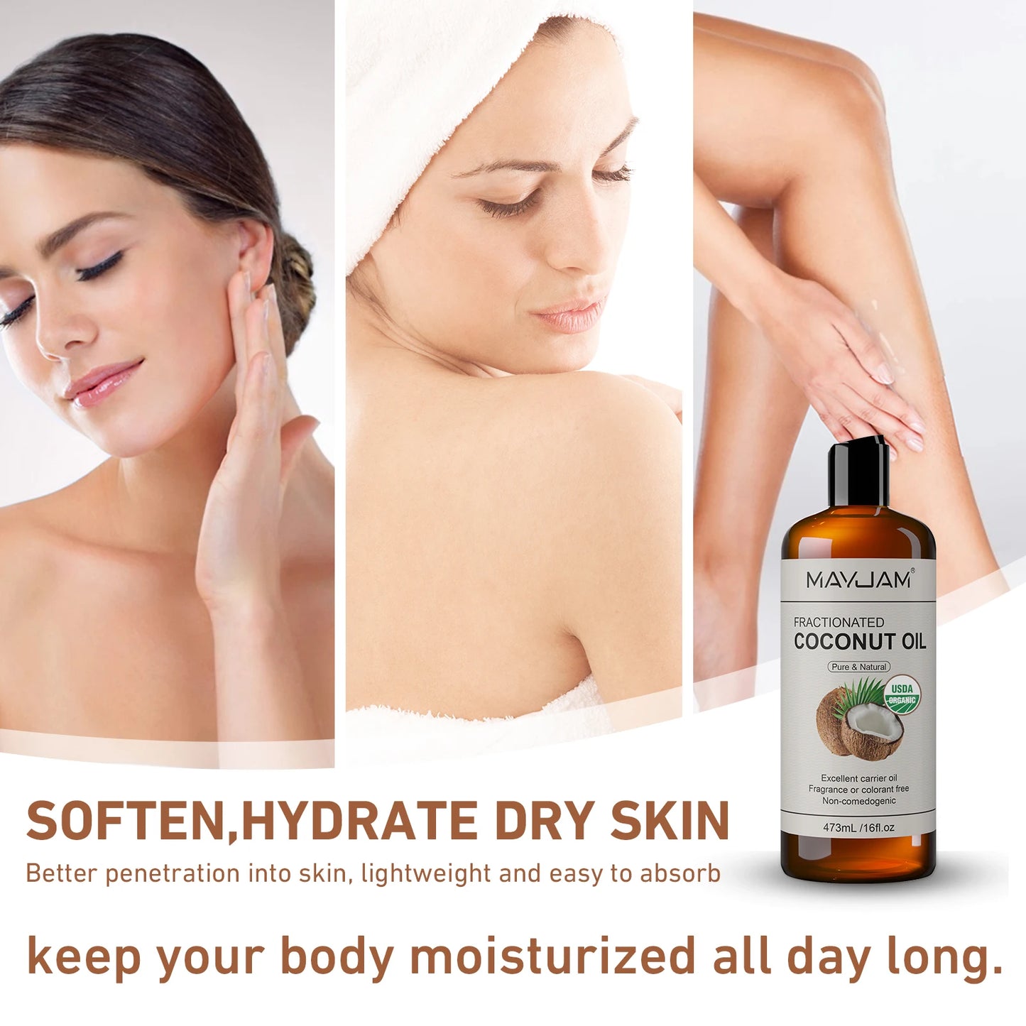 MAYJAM 473ml Pure Organic Castor Oil Cold Pressed Fractionated Coconut Oil Moisturizing for Skin & Hair Care ,Body Massage Oil Dilute Essential Oil