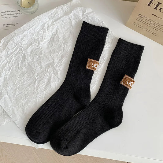 Winter Cozy Thickened Pile Socks Mid Calf Length Casual Cotton Soft Keep Warm Knitted Snow Boot Footwear Letter Print Hosiery