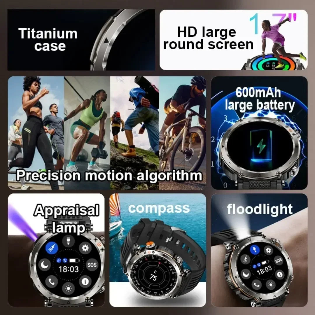 EFFEOKKI Sport Rugged Smart Watch with Compass Outdoor Wireless Calling IP68 Waterproof Flashlight 1.7" Screen Altitude Monitor
