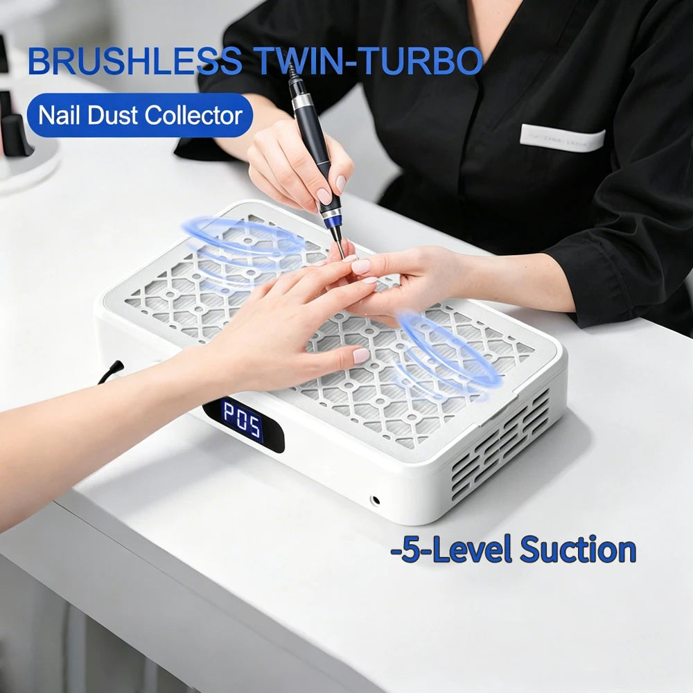 Brushless Nail Dust Collector Dual Turbo Fans Nail Vacuum Cleaner 5-Level Suction Two Hands Nail Dust Extractor Fans for Nail Salon Manicure Table