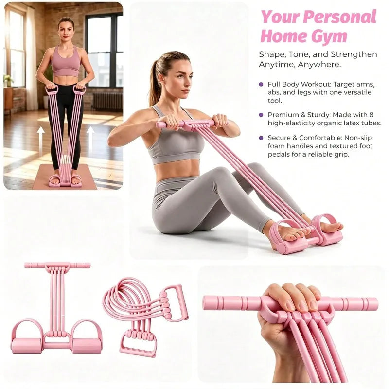 Home Workout Foot Pedal Resistance Bands with Handle, 8‑Tube Natural Rubber Tension Rope, Multifunction Training Gear for Ab Waist Arm Leg Yoga Pilates